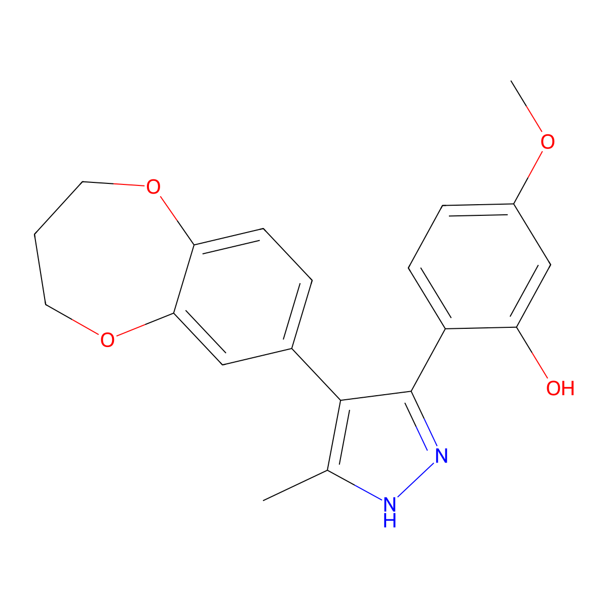 2-[4-(3,4-dihydro-2H-1,5-benzodioxepin-7-yl)-5-methyl-1H-pyrazol-3-yl]-5-methoxyphenol molecular structure, CAS 342608-69-9