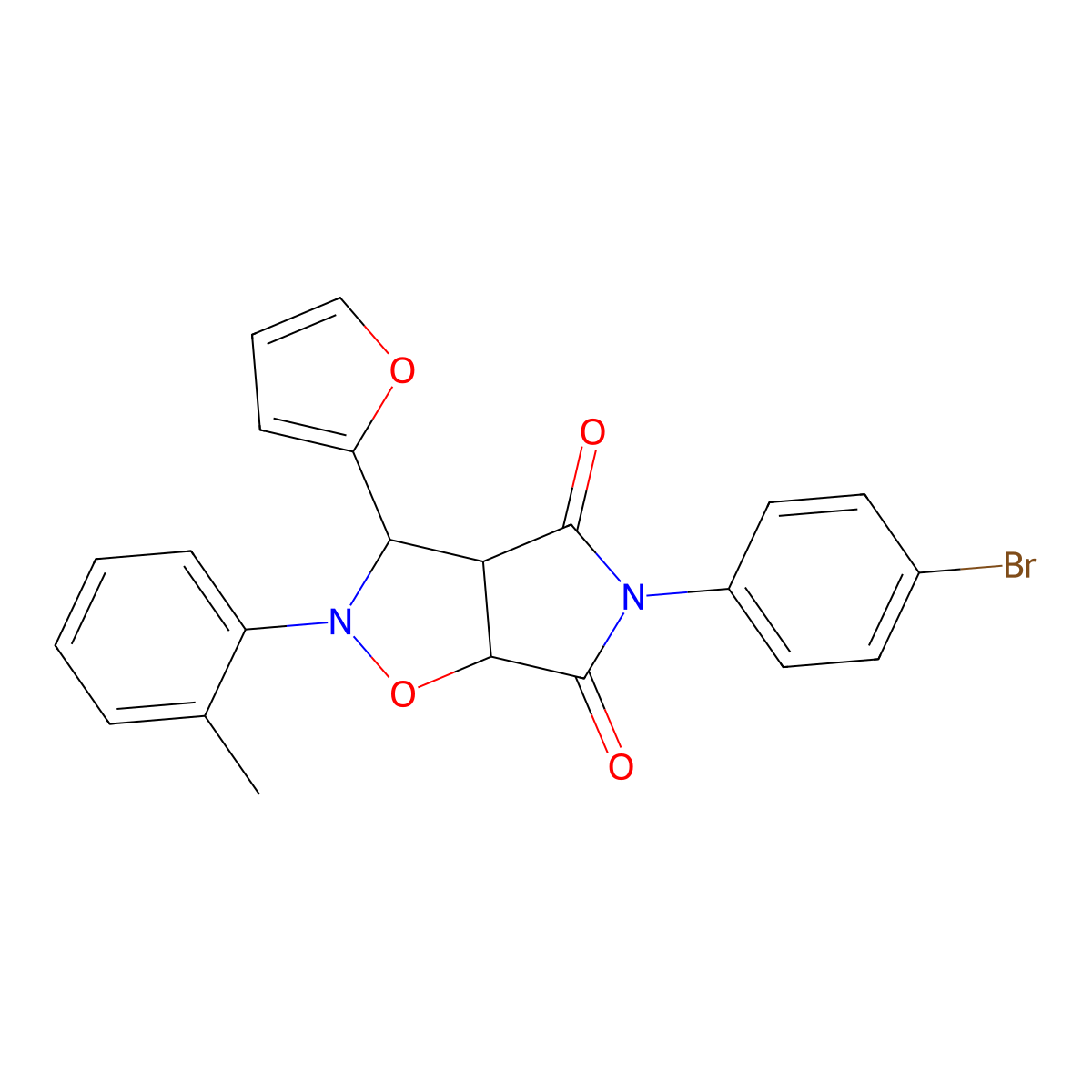 5-(4-bromophenyl)-3-(furan-2-yl)-2-(2-methylphenyl)-hexahydro-2H-pyrrolo[3,4-d][1,2]oxazole-4,6-dione molecular structure, CAS 342615-11-6