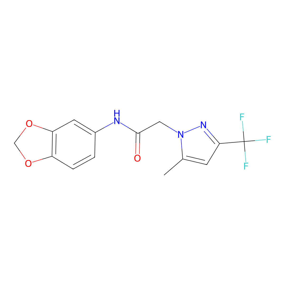 N-(1,3-benzodioxol-5-yl)-2-[5-methyl-3-(trifluoromethyl)pyrazol-1-yl]acetamide molecular structure, CAS 342615-30-9