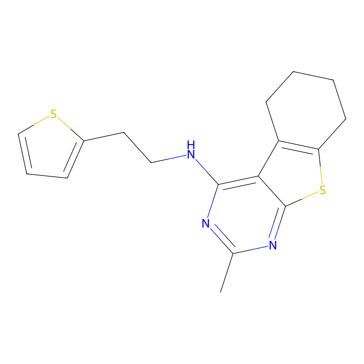 2-methyl-N-[2-(thiophen-2-yl)ethyl]-5,6,7,8-tetrahydro[1]benzothieno[2,3-d]pyrimidin-4-amine molecular structure, CAS 342778-63-6