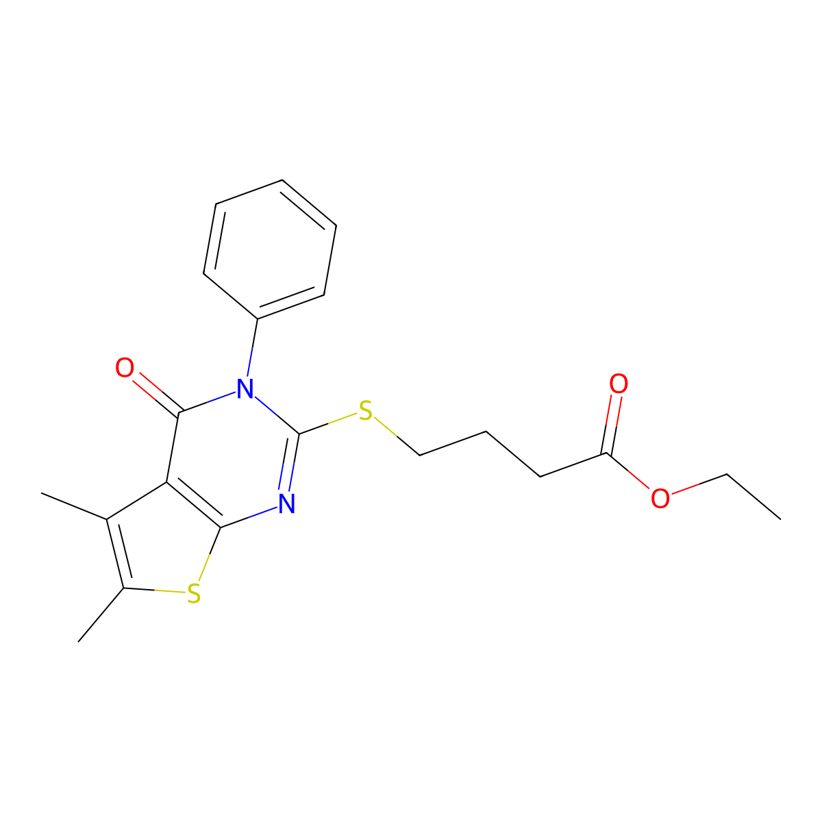 Ethyl 4-[(5,6-dimethyl-4-oxo-3-phenyl-3,4-dihydrothieno[2,3-d]pyrimidin-2-yl)sulfanyl]butanoate molecular structure, CAS 342779-08-2