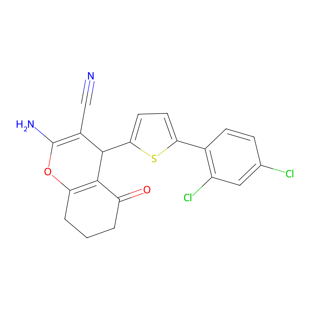 2-amino-4-(5-(2,4-dichlorophenyl)thien-2-yl)-5-oxo-5,6,7,8-tetrahydro-4H-chromene-3-carbonitrile molecular structure, CAS 342779-81-1