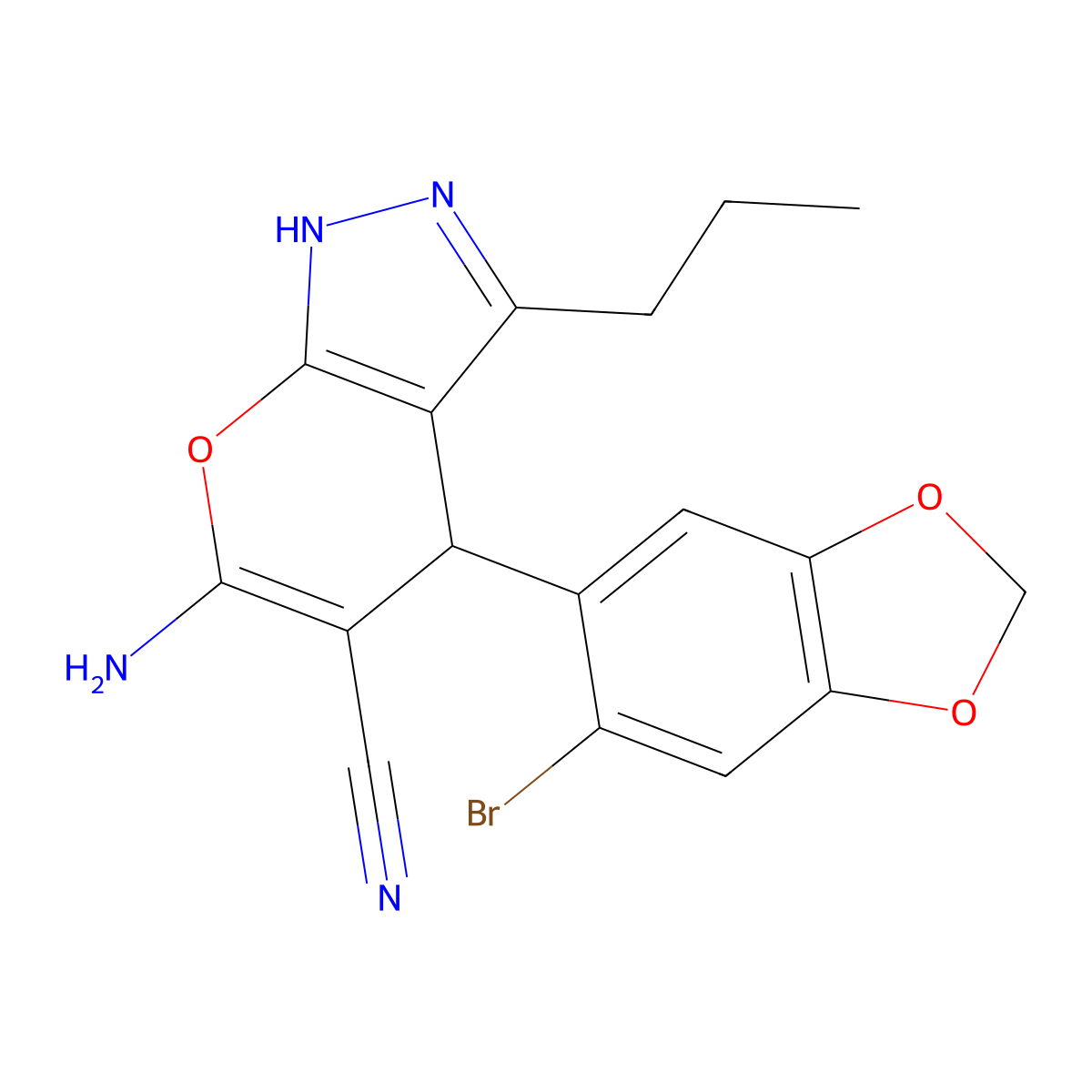 6-Amino-4-(6-bromo-1,3-benzodioxol-5-yl)-3-propyl-1,4-dihydropyrano[2,3-c]pyrazole-5-carbonitrile molecular structure, CAS 342779-93-5