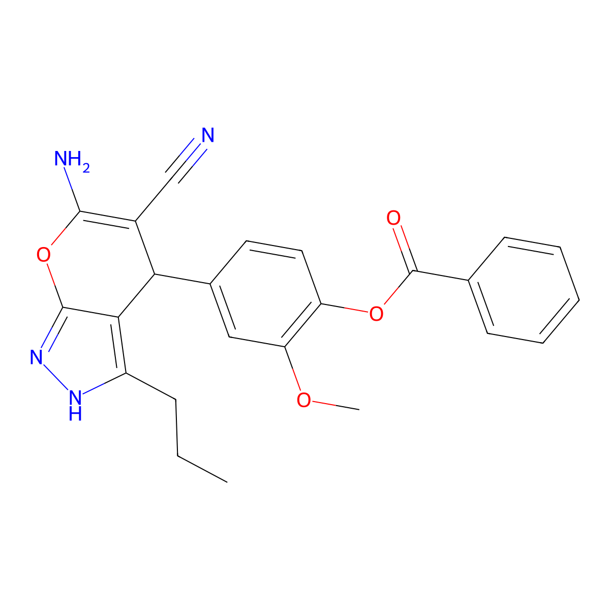 4-(6-Amino-5-cyano-3-propyl-1,4-dihydropyrano[2,3-c]pyrazol-4-yl)-2-methoxyphenyl benzoate molecular structure, CAS 342779-99-1