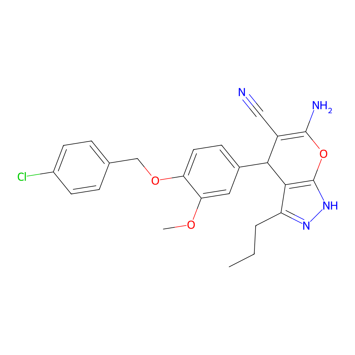 6-Amino-4-(4-((4-chlorobenzyl)oxy)-3-methoxyphenyl)-3-propyl-1,4-dihydropyrano[2,3-c]pyrazole-5-carbonitrile molecular structure, CAS 342780-00-1