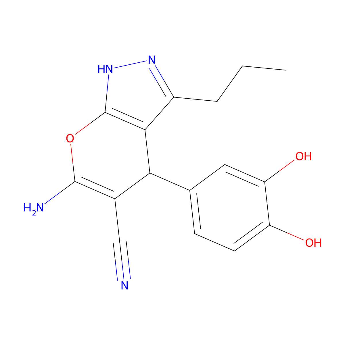 6-Amino-4-(3,4-dihydroxyphenyl)-3-propyl-1,4-dihydropyrano[2,3-c]pyrazole-5-carbonitrile molecular structure, CAS 342780-02-3