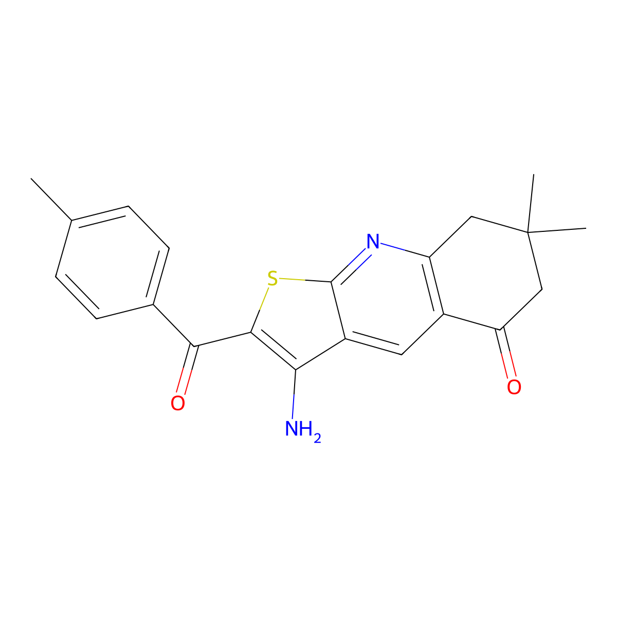 3-amino-7,7-dimethyl-2-(4-methylbenzoyl)-7,8-dihydrothieno[2,3-b]quinolin-5(6H)-one molecular structure, CAS 342780-10-3