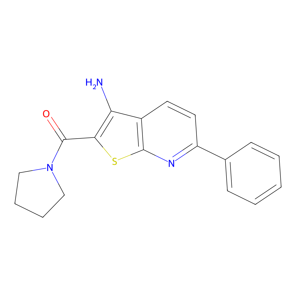 6-Phenyl-2-(pyrrolidine-1-carbonyl)thieno(2,3-b)pyridin-3-amine molecular structure, CAS 342780-13-6