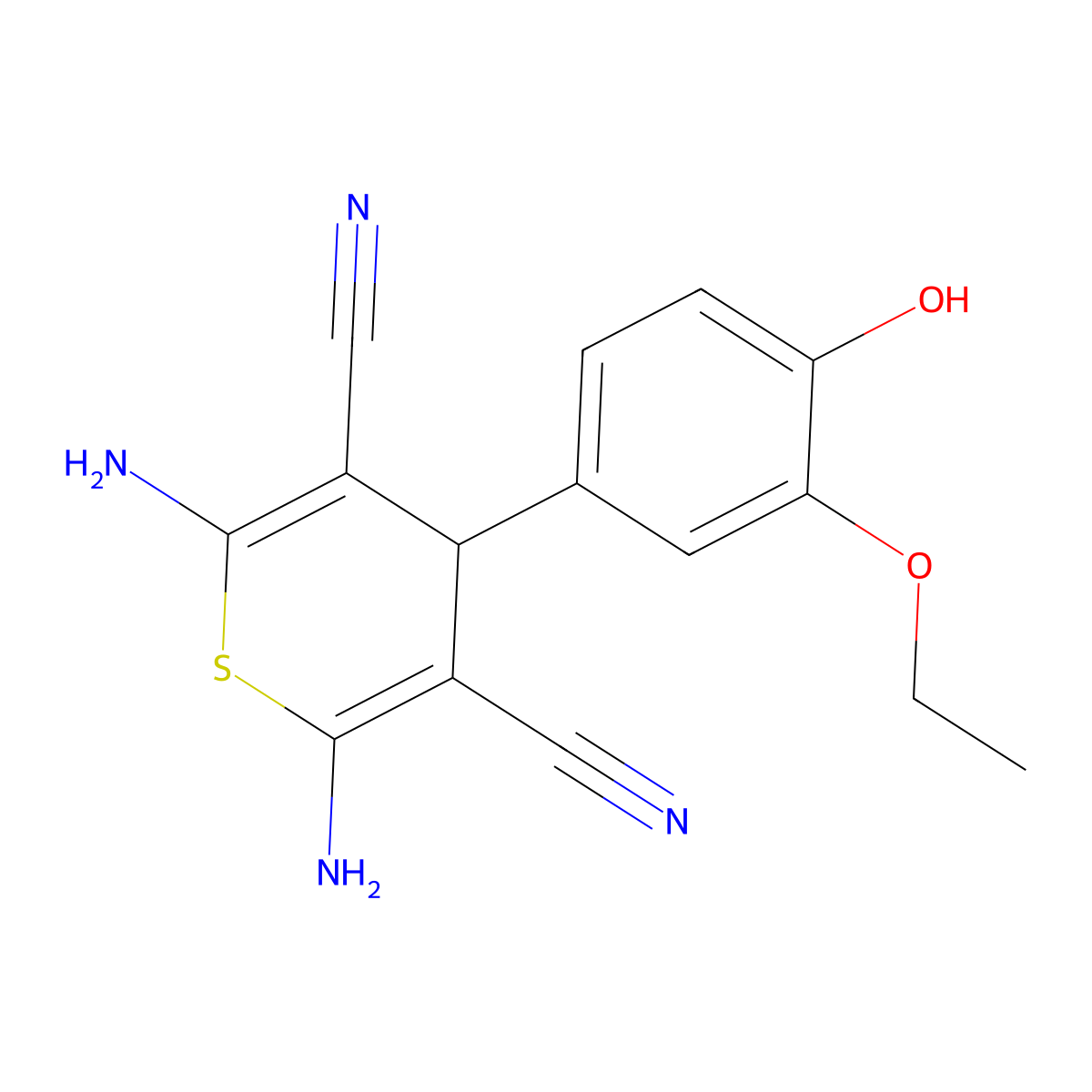 2,6-diamino-4-(3-ethoxy-4-hydroxyphenyl)-4H-thiopyran-3,5-dicarbonitrile molecular structure, CAS 342780-40-9