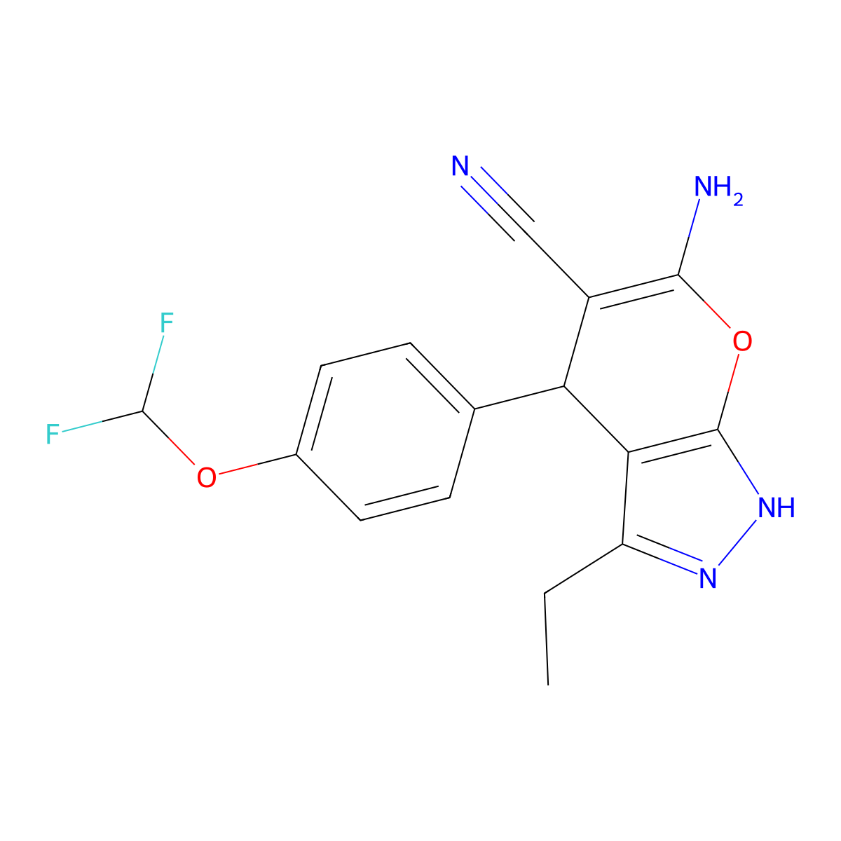 6-Amino-4-[4-(difluoromethoxy)phenyl]-3-ethyl-1,4-dihydropyrano[2,3-c]pyrazole-5-carbonitrile molecular structure, CAS 342780-43-2
