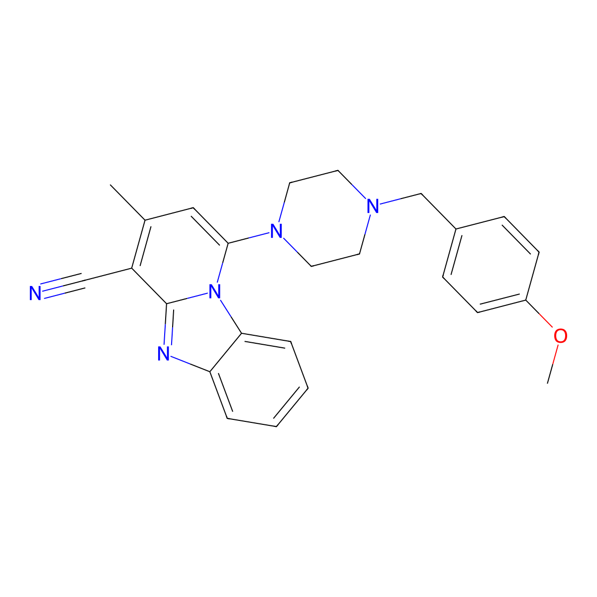 1-[4-[(4-Methoxyphenyl)methyl]piperazin-1-yl]-3-methylpyrido[1,2-a]benzimidazole-4-carbonitrile molecular structure, CAS 342780-77-2