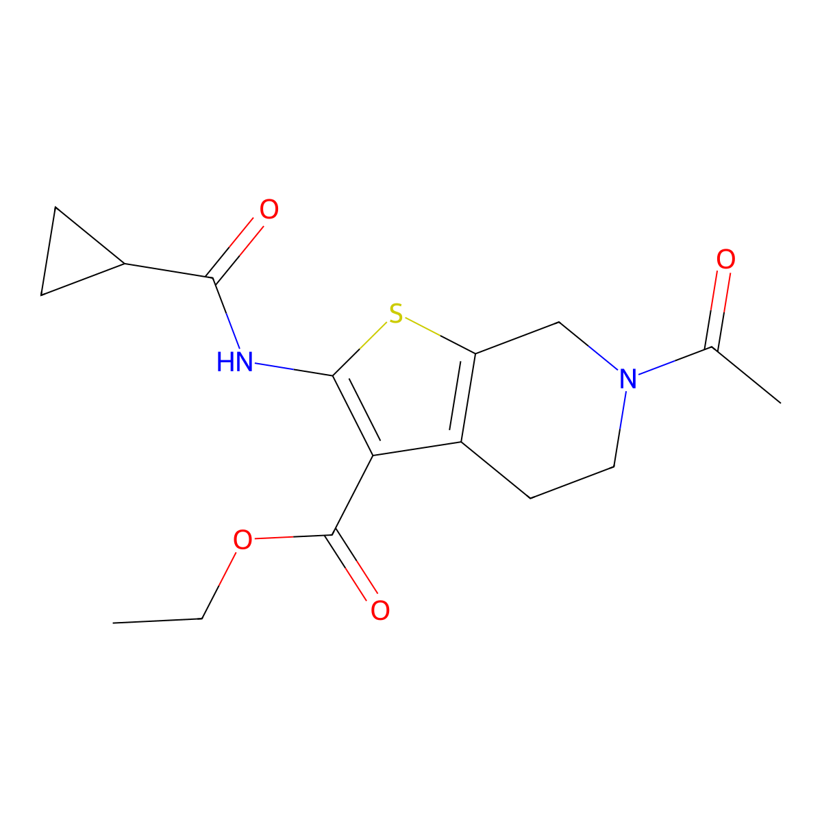 Ethyl 6-acetyl-2-(cyclopropanecarboxamido)-4,5,6,7-tetrahydrothieno[2,3-c]pyridine-3-carboxylate molecular structure, CAS 342887-79-0