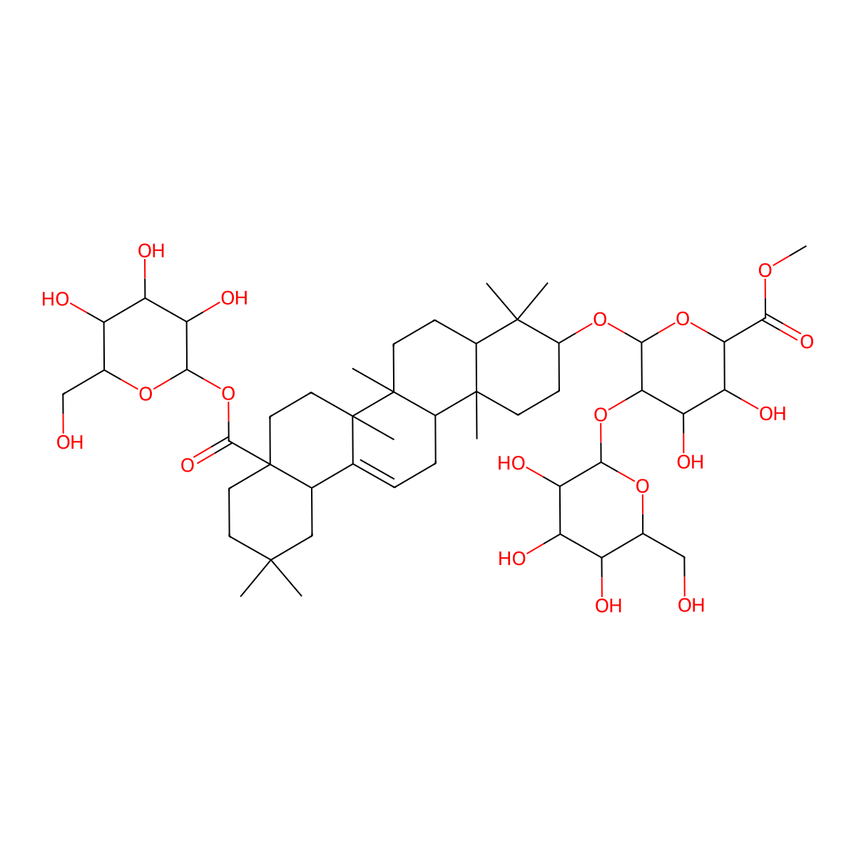 Methyl 6-[[4,4,6a,6b,11,11,14b-heptamethyl-8a-[3,4,5-trihydroxy-6-(hydroxymethyl)oxan-2-yl]oxycarbonyl-1,2,3,4a,5,6,7,8,9,10,12,12a,14,14a-tetradecahydropicen-3-yl]oxy]-3,4-dihydroxy-5-[3,4,5-trihydroxy-6-(hydroxymethyl)oxan-2-yl]oxyoxane-2-carboxylate molecular structure, CAS 34291-22-0