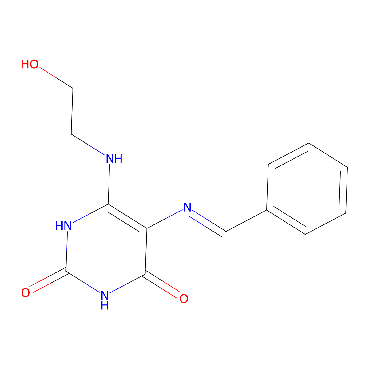 5-(benzylideneamino)-6-[(2-hydroxyethyl)amino]-2,4(1H,3H)-pyrimidinedione molecular structure, CAS 343346-96-3