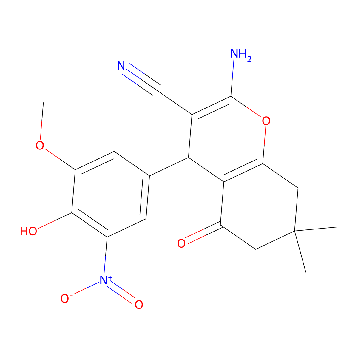 2-amino-4-(4-hydroxy-3-methoxy-5-nitrophenyl)-7,7-dimethyl-5-oxo-6,8-dihydro-4H-chromene-3-carbonitrile molecular structure, CAS 343357-81-3