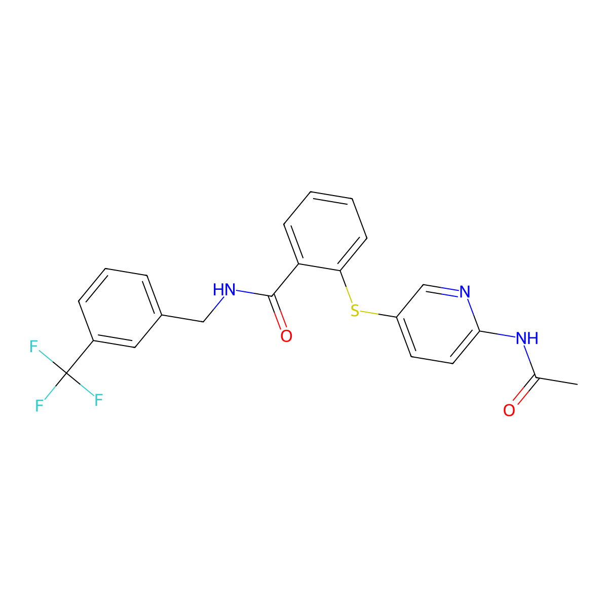 2-(6-acetamidopyridin-3-yl)sulfanyl-N-[[3-(trifluoromethyl)phenyl]methyl]benzamide molecular structure, CAS 343373-09-1