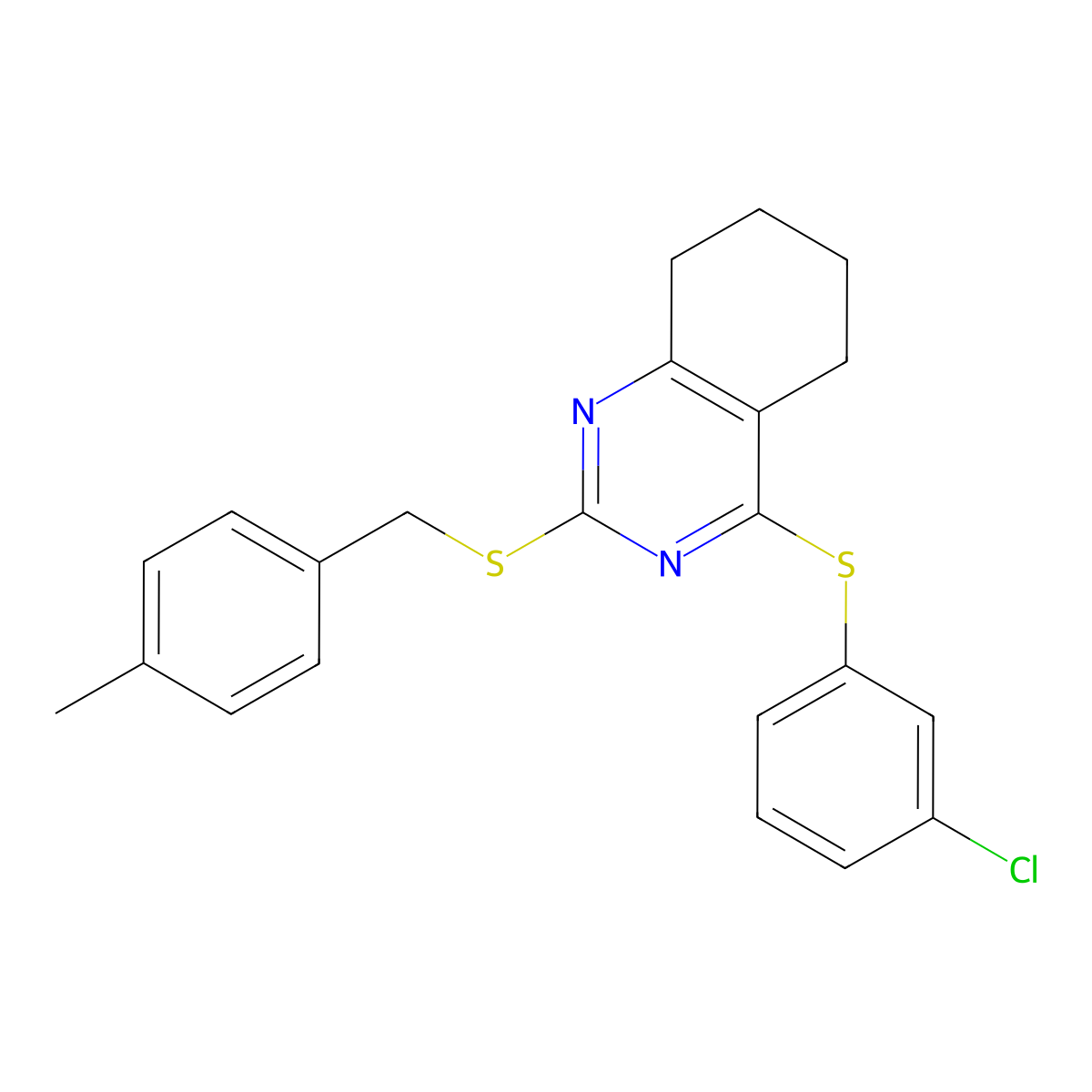 4-(3-Chlorophenyl)sulfanyl-2-[(4-methylphenyl)methylsulfanyl]-5,6,7,8-tetrahydroquinazoline molecular structure, CAS 343374-09-4