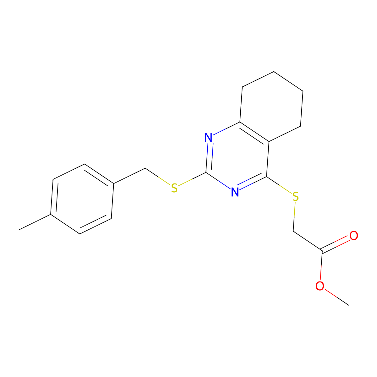 Methyl 2-({2-[(4-methylbenzyl)sulfanyl]-5,6,7,8-tetrahydro-4-quinazolinyl}sulfanyl)acetate molecular structure, CAS 343374-11-8