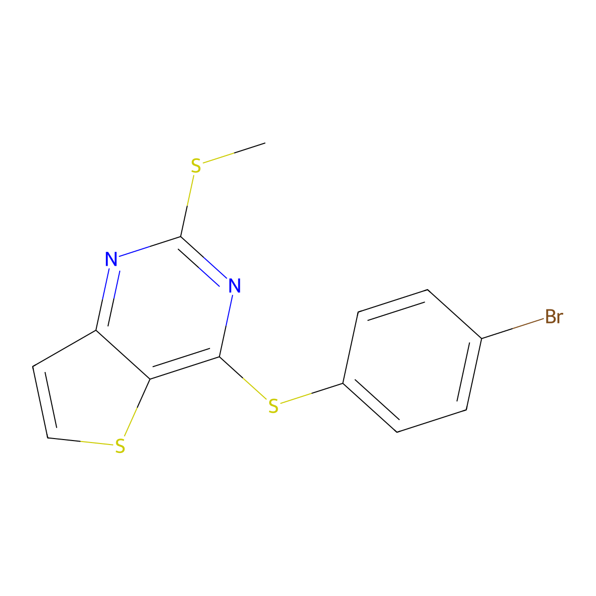 4-Bromophenyl 2-(methylsulfanyl)thieno[3,2-d]pyrimidin-4-yl sulfide molecular structure, CAS 343374-16-3