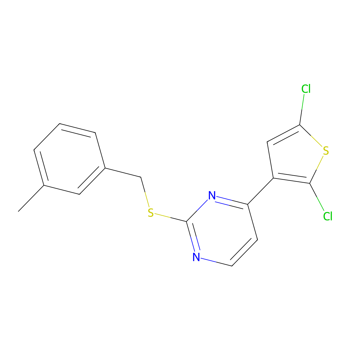 4-(2,5-Dichloro-3-thienyl)-2-pyrimidinyl 3-methylbenzyl sulfide molecular structure, CAS 343374-82-3