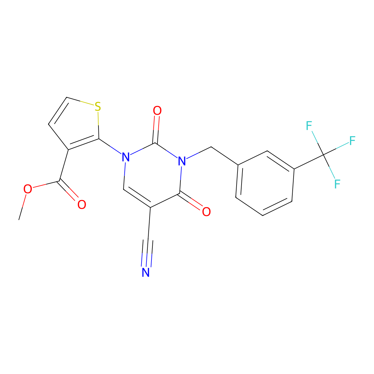methyl 2-[5-cyano-2,4-dioxo-3-[3-(trifluoromethyl)benzyl]-3,4-dihydro-1(2H)-pyrimidinyl]-3-thiophenecarboxylate molecular structure, CAS 343374-93-6