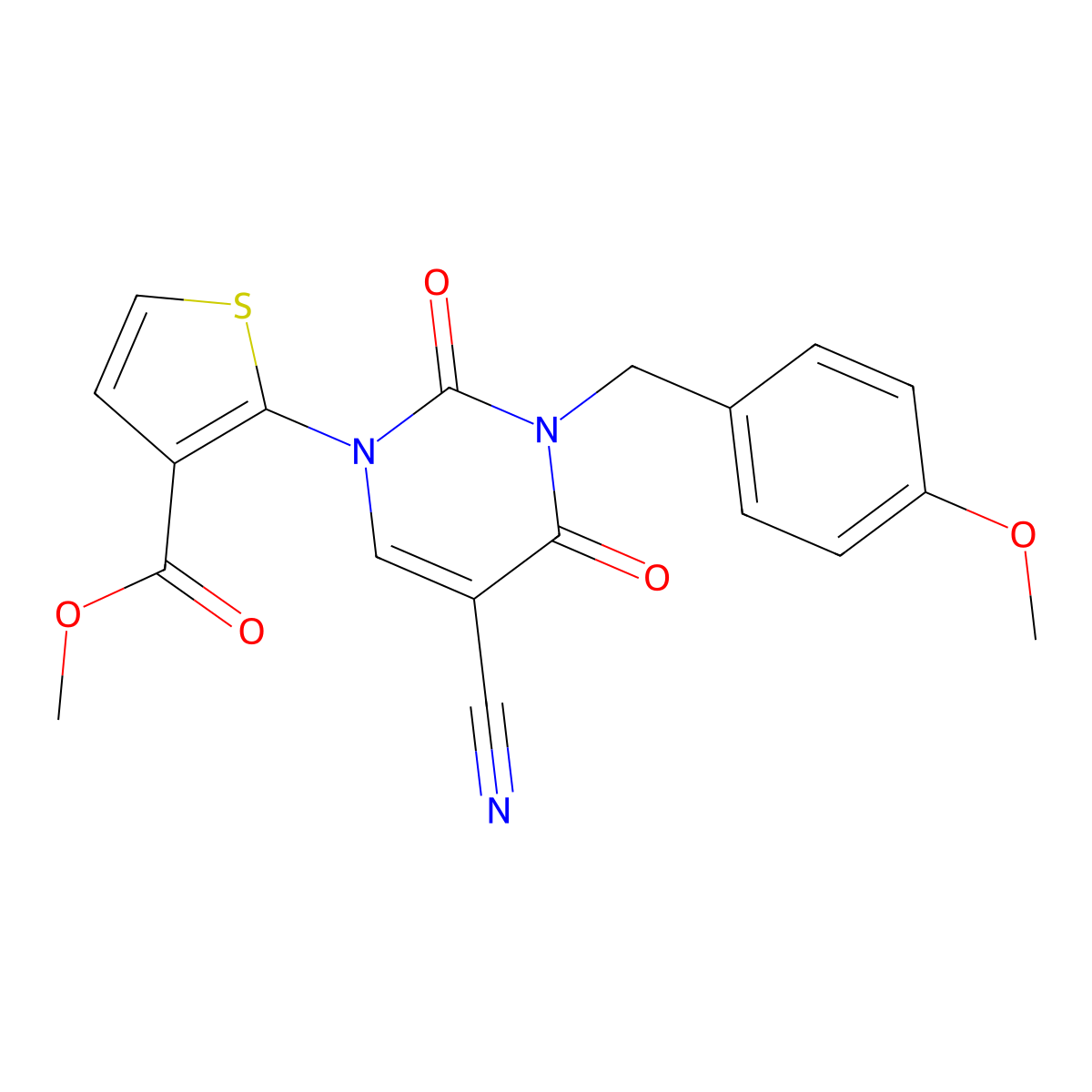 methyl 2-[5-cyano-3-(4-methoxybenzyl)-2,4-dioxo-3,4-dihydro-1(2H)-pyrimidinyl]-3-thiophenecarboxylate molecular structure, CAS 343374-94-7