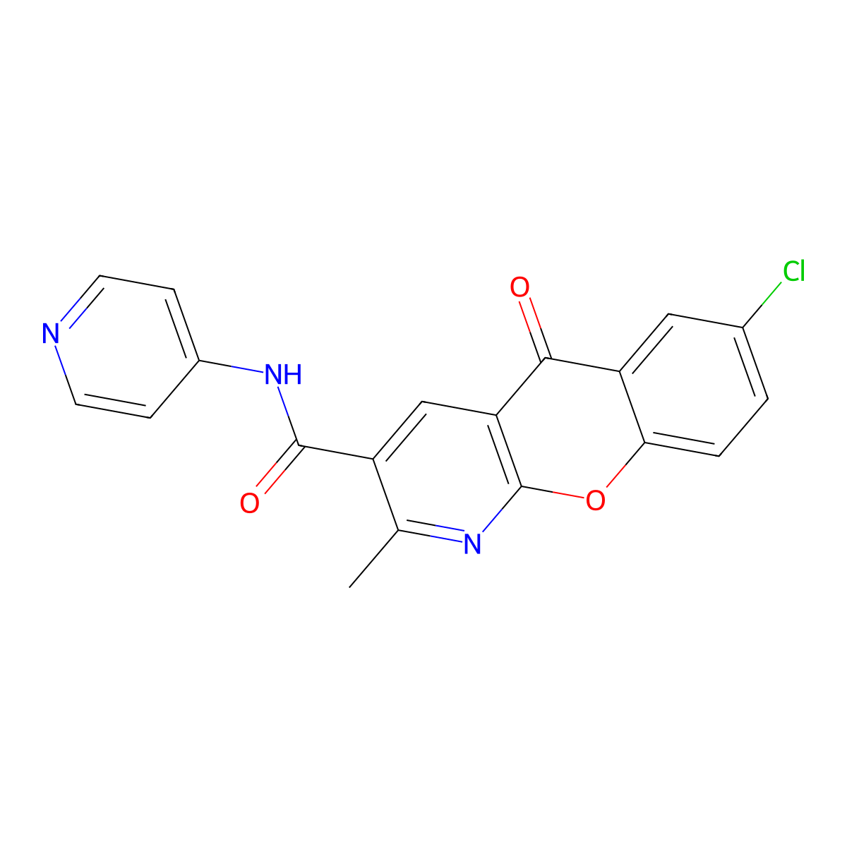 7-chloro-2-methyl-5-oxo-N-(pyridin-4-yl)-5H-chromeno[2,3-b]pyridine-3-carboxamide molecular structure, CAS 343375-49-5