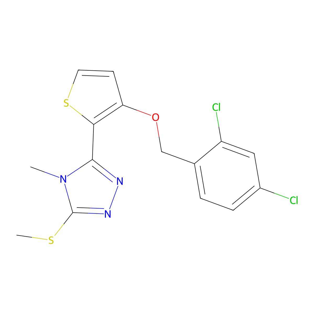 3-[3-[(2,4-Dichlorophenyl)methoxy]thiophen-2-yl]-4-methyl-5-methylsulfanyl-1,2,4-triazole molecular structure, CAS 343375-94-0