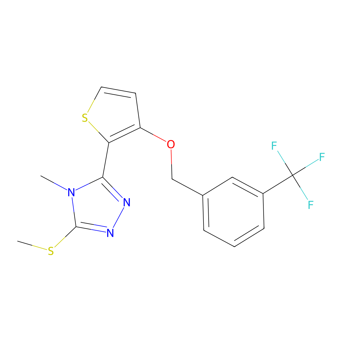 4-Methyl-3-methylsulfanyl-5-[3-[[3-(trifluoromethyl)phenyl]methoxy]thiophen-2-yl]-1,2,4-triazole molecular structure, CAS 343376-19-2