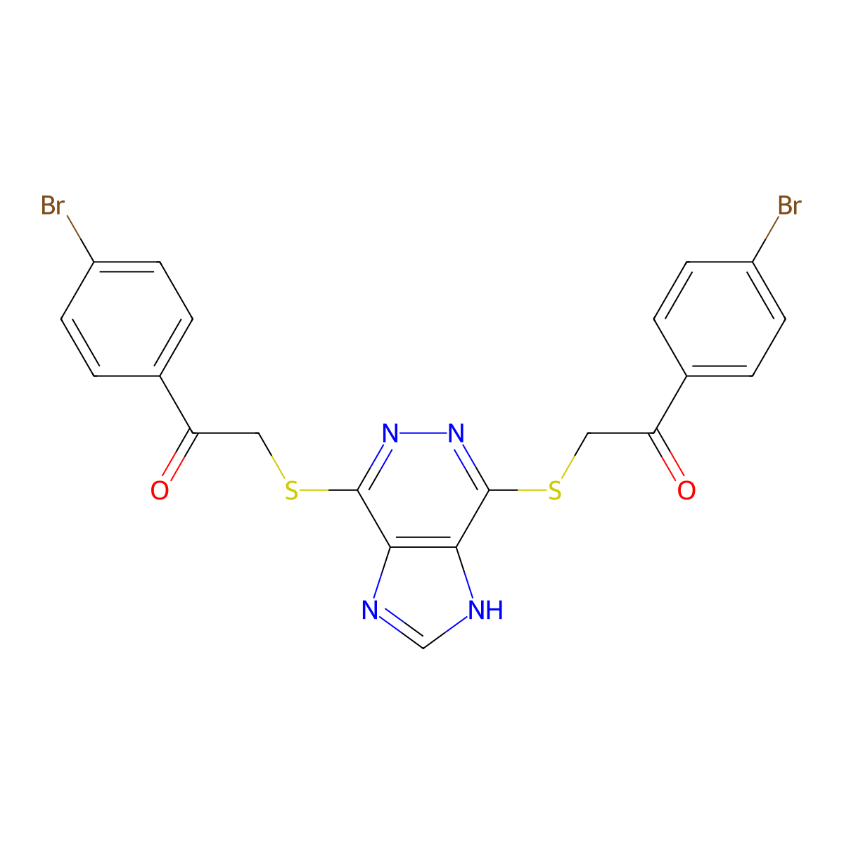 1-(4-bromophenyl)-2-[[4-[2-(4-bromophenyl)-2-oxoethyl]sulfanyl-1H-imidazo[4,5-d]pyridazin-7-yl]sulfanyl]ethanone molecular structure, CAS 3434-10-4