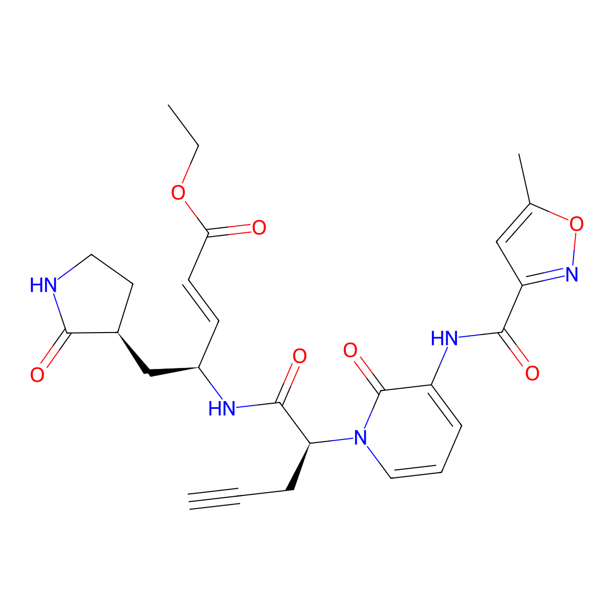 ethyl (E,4S)-4-[[(2S)-2-[3-[(5-methyl-1,2-oxazole-3-carbonyl)amino]-2-oxopyridin-1-yl]pent-4-ynoyl]amino]-5-[(3S)-2-oxopyrrolidin-3-yl]pent-2-enoate molecular structure, CAS 343565-99-1