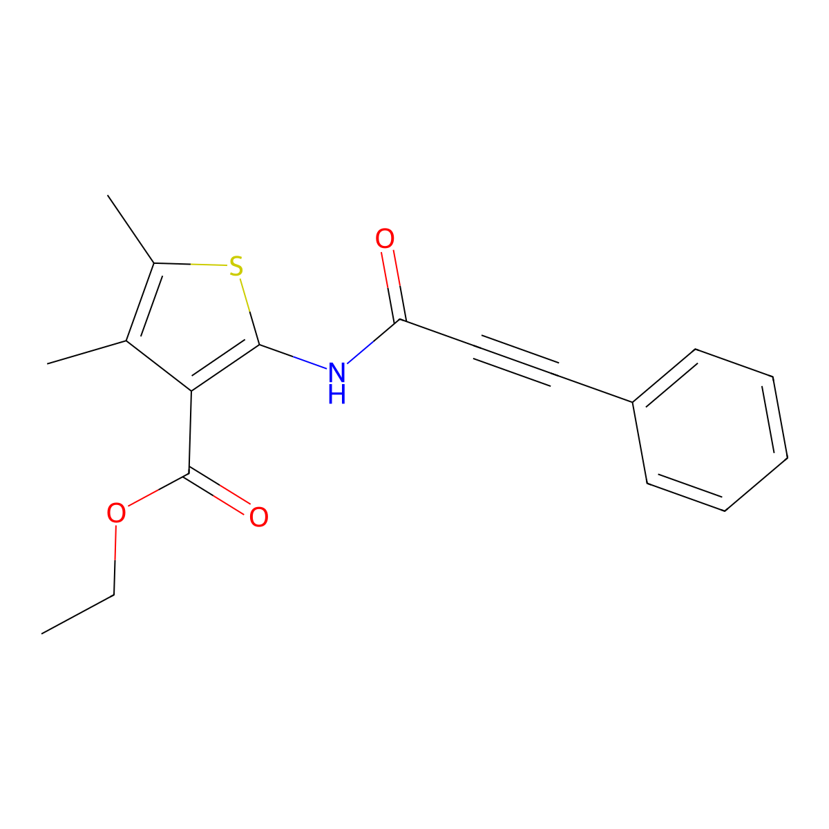 Ethyl 4,5-dimethyl-2-(3-phenylprop-2-ynoylamino)thiophene-3-carboxylate molecular structure, CAS 343589-84-4