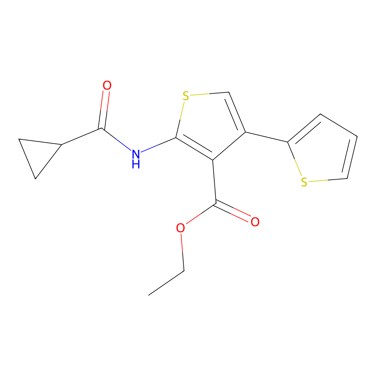 Ethyl 2-(cyclopropylcarbonylamino)-4-(2-thienyl)thiophene-3-carboxylate molecular structure, CAS 343590-19-2