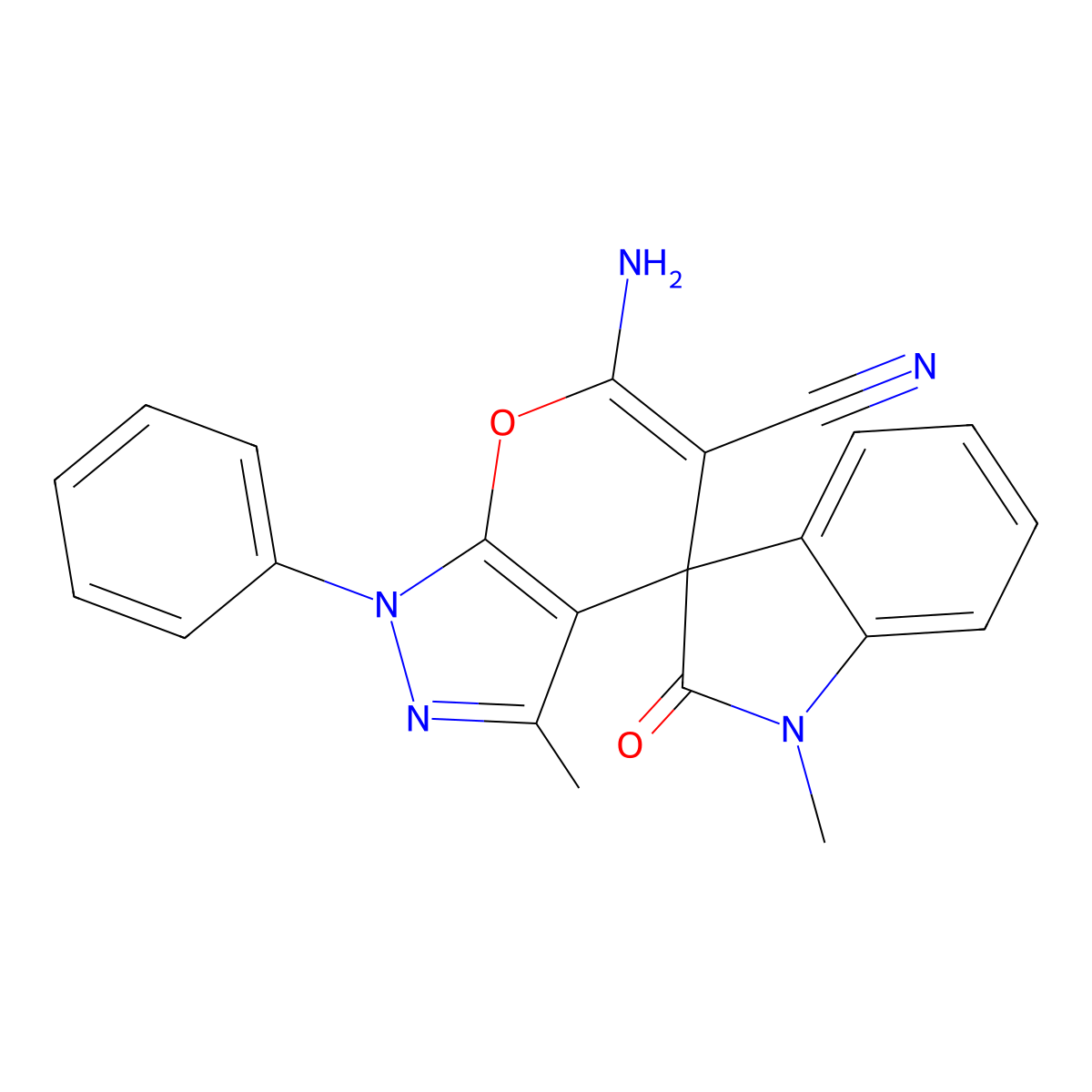 6'-amino-1,3'-dimethyl-1'-phenyl-1,1',3,4'-tetrahydro-2-oxospiro(2H-indole-3,4'-pyrano[2,3-c]pyrazole)-5'-carbonitrile molecular structure, CAS 343801-44-5