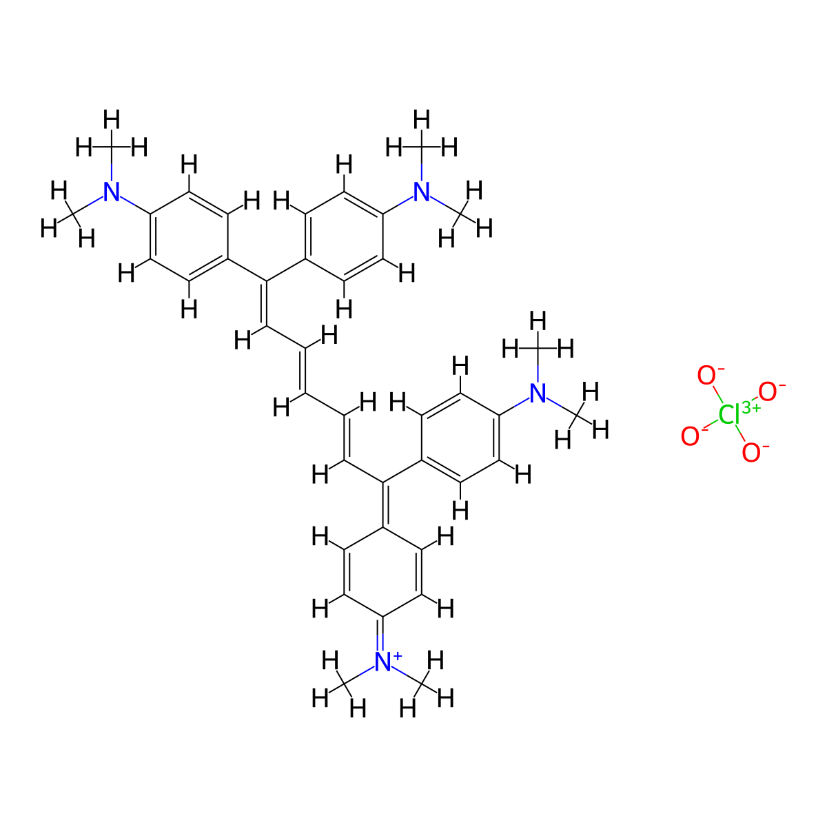 Dimethyl[4-[1,7,7-tris(4-dimethylaminophenyl)-2,4,6-heptatrienylidene]-2,5-cyclohexadien-1-ylidene]ammonium perchlorate molecular structure, CAS 34411-77-3