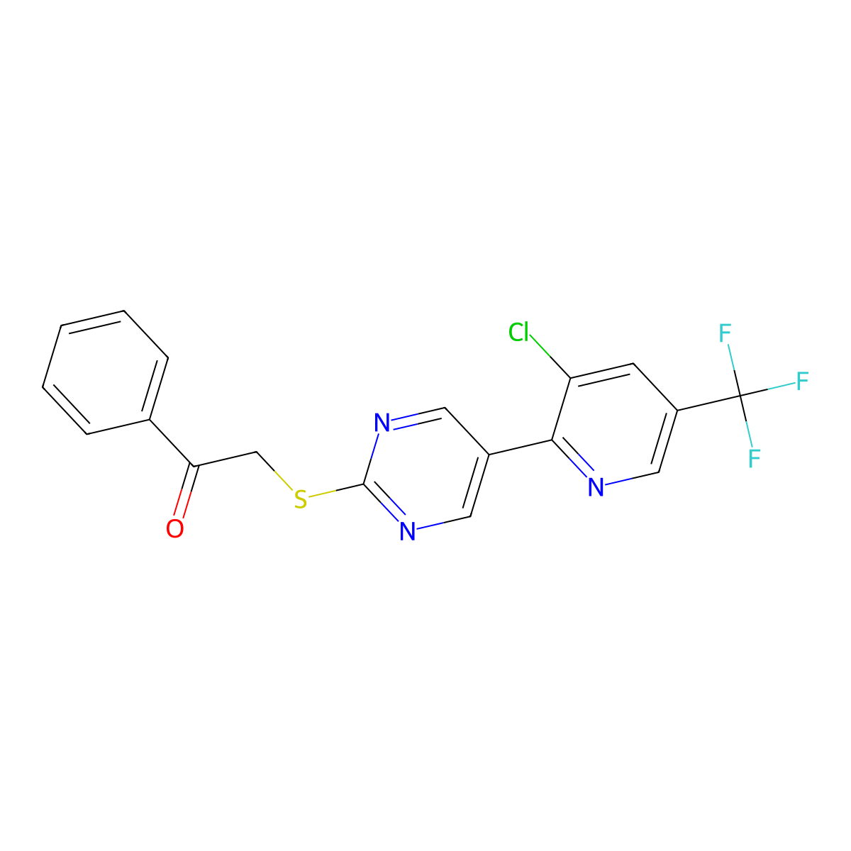 2-({5-[3-Chloro-5-(trifluoromethyl)-2-pyridinyl]-2-pyrimidinyl}sulfanyl)-1-phenyl-1-ethanone molecular structure, CAS 344263-20-3