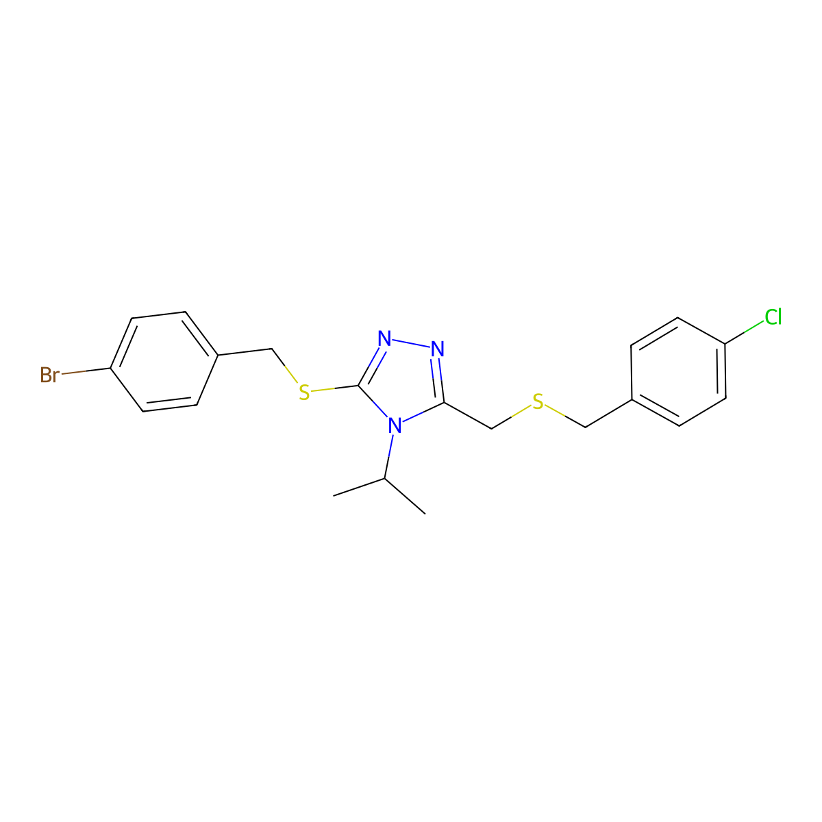 3-[(4-bromobenzyl)sulfanyl]-5-{[(4-chlorobenzyl)sulfanyl]methyl}-4-isopropyl-4H-1,2,4-triazole molecular structure, CAS 344268-27-5