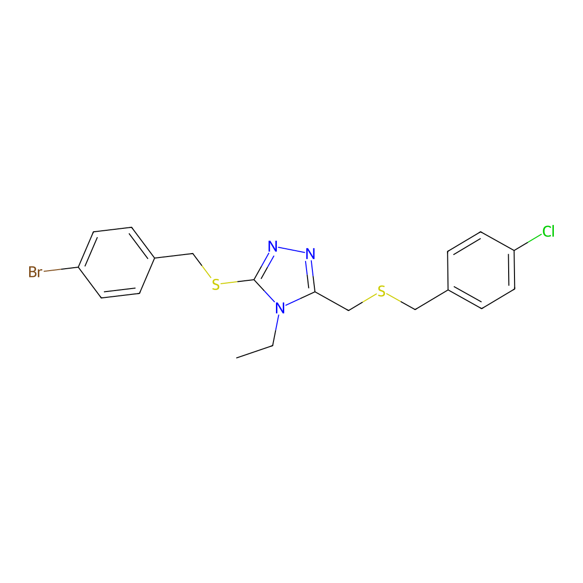 3-[(4-Bromophenyl)methylsulfanyl]-5-[(4-chlorophenyl)methylsulfanylmethyl]-4-ethyl-1,2,4-triazole molecular structure, CAS 344268-63-9