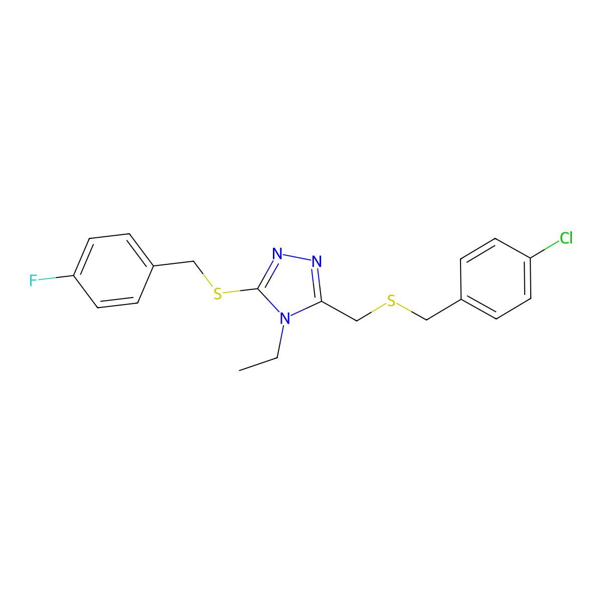 4-chlorobenzyl {4-ethyl-5-[(4-fluorobenzyl)sulfanyl]-4H-1,2,4-triazol-3-yl}methyl sulfide molecular structure, CAS 344268-77-5