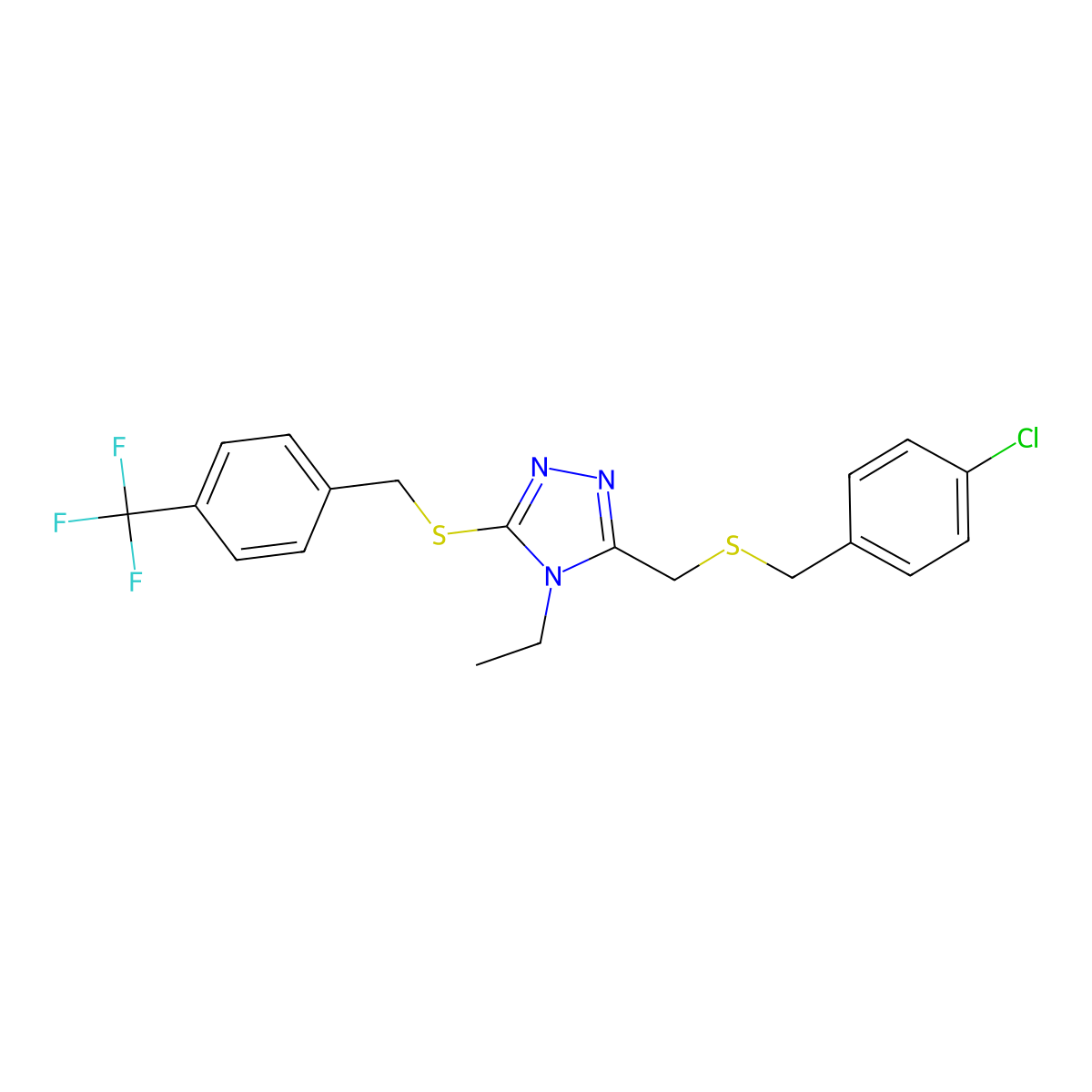 4-chlorobenzyl (4-ethyl-5-{[4-(trifluoromethyl)benzyl]sulfanyl}-4H-1,2,4-triazol-3-yl)methyl sulfide molecular structure, CAS 344268-92-4