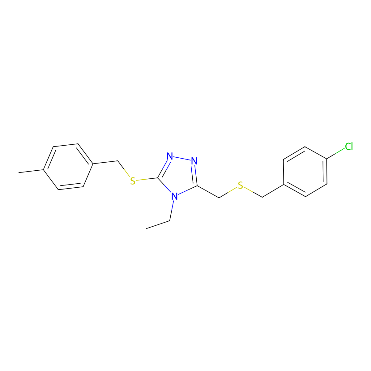 3-[(4-Chlorophenyl)methylsulfanylmethyl]-4-ethyl-5-[(4-methylphenyl)methylsulfanyl]-1,2,4-triazole molecular structure, CAS 344269-15-4
