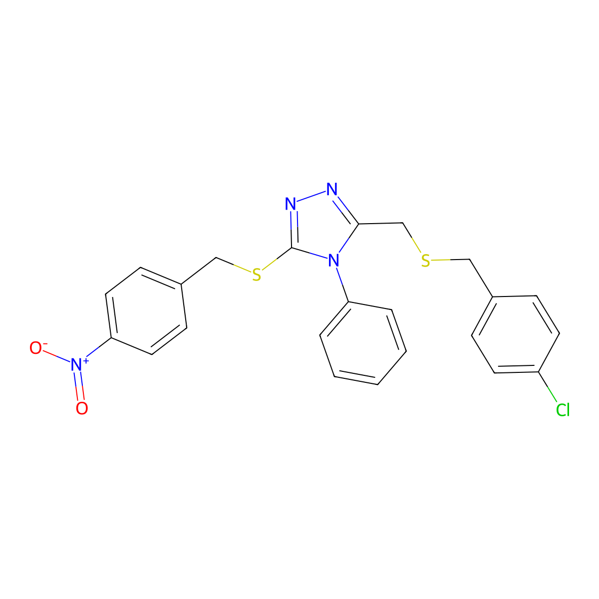 3-[(4-Chlorophenyl)methylsulfanylmethyl]-5-[(4-nitrophenyl)methylsulfanyl]-4-phenyl-1,2,4-triazole molecular structure, CAS 344269-52-9