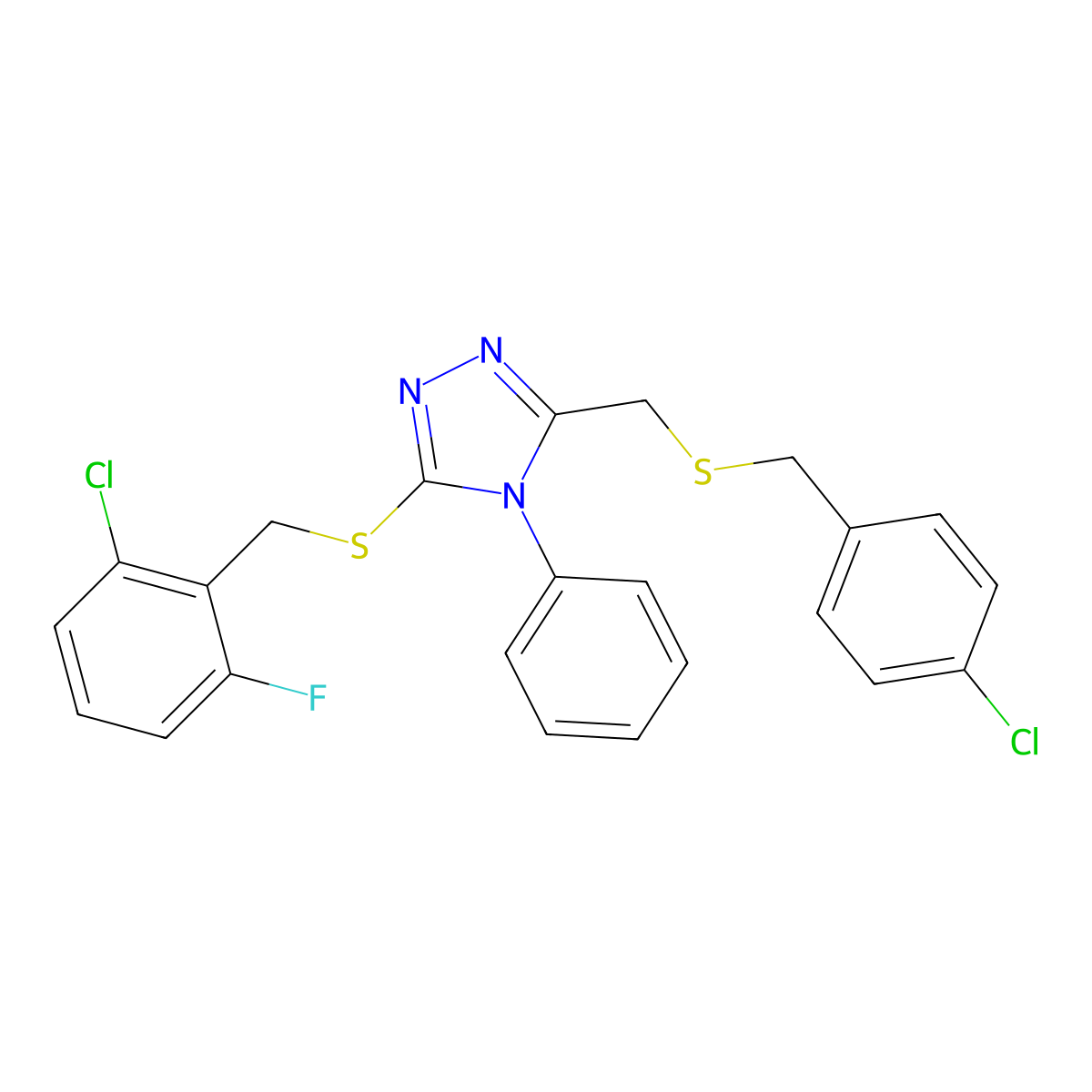 3-(((4-Chlorobenzyl)sulfanyl)methyl)-5-((2-chloro-6-fluorobenzyl)sulfanyl)-4-phenyl-4H-1,2,4-triazole molecular structure, CAS 344269-58-5