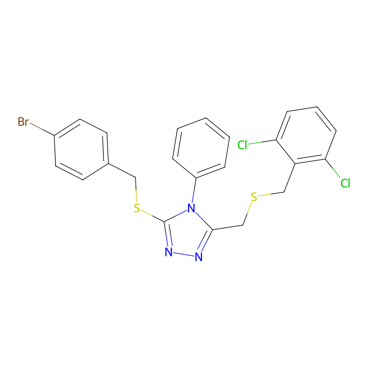 3-[(4-bromobenzyl)sulfanyl]-5-{[(2,6-dichlorobenzyl)sulfanyl]methyl}-4-phenyl-4H-1,2,4-triazole molecular structure, CAS 344271-28-9