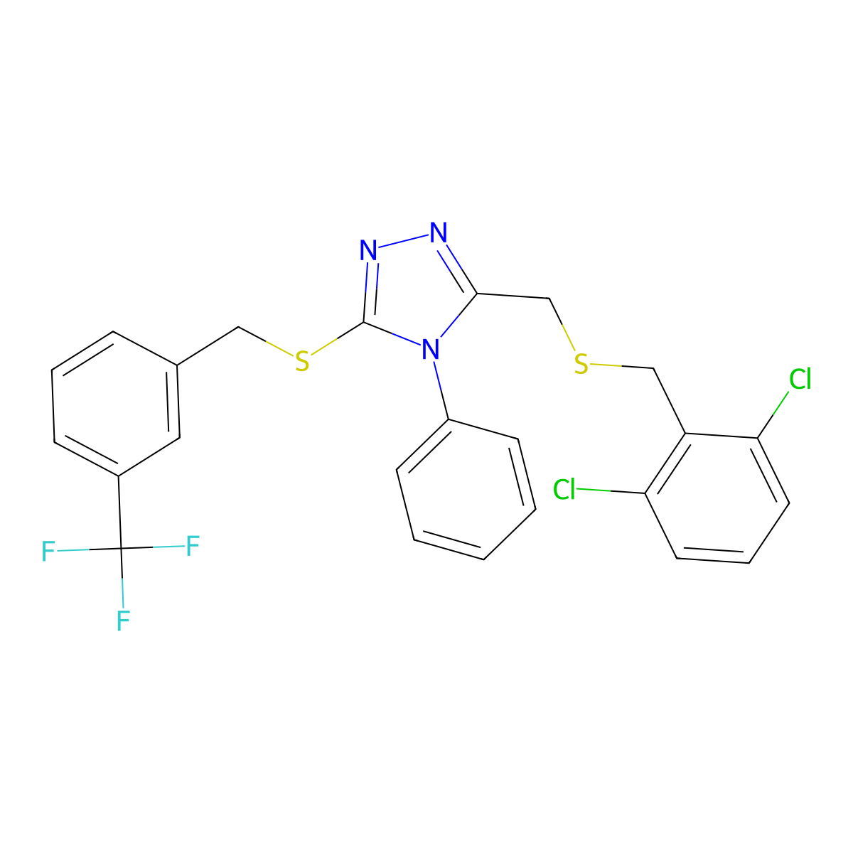3-[(2,6-Dichlorophenyl)methylsulfanylmethyl]-4-phenyl-5-[[3-(trifluoromethyl)phenyl]methylsulfanyl]-1,2,4-triazole molecular structure, CAS 344271-54-1