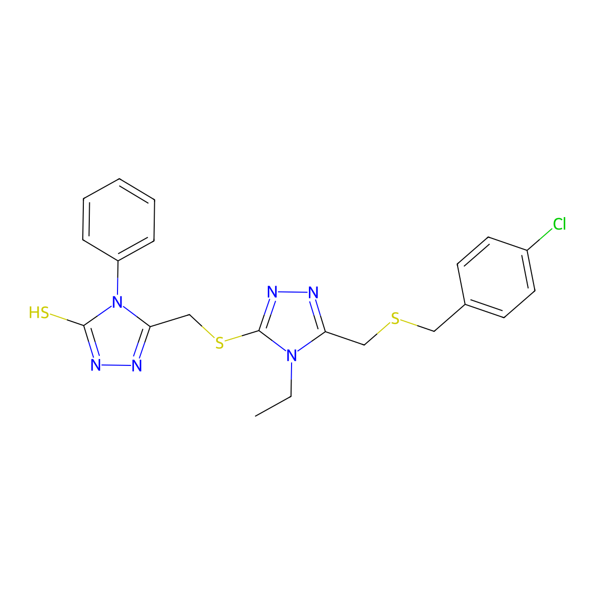 5-{[(5-{[(4-chlorobenzyl)sulfanyl]methyl}-4-ethyl-4H-1,2,4-triazol-3-yl)sulfanyl]methyl}-4-phenyl-4H-1,2,4-triazole-3-thiol molecular structure, CAS 344274-07-3
