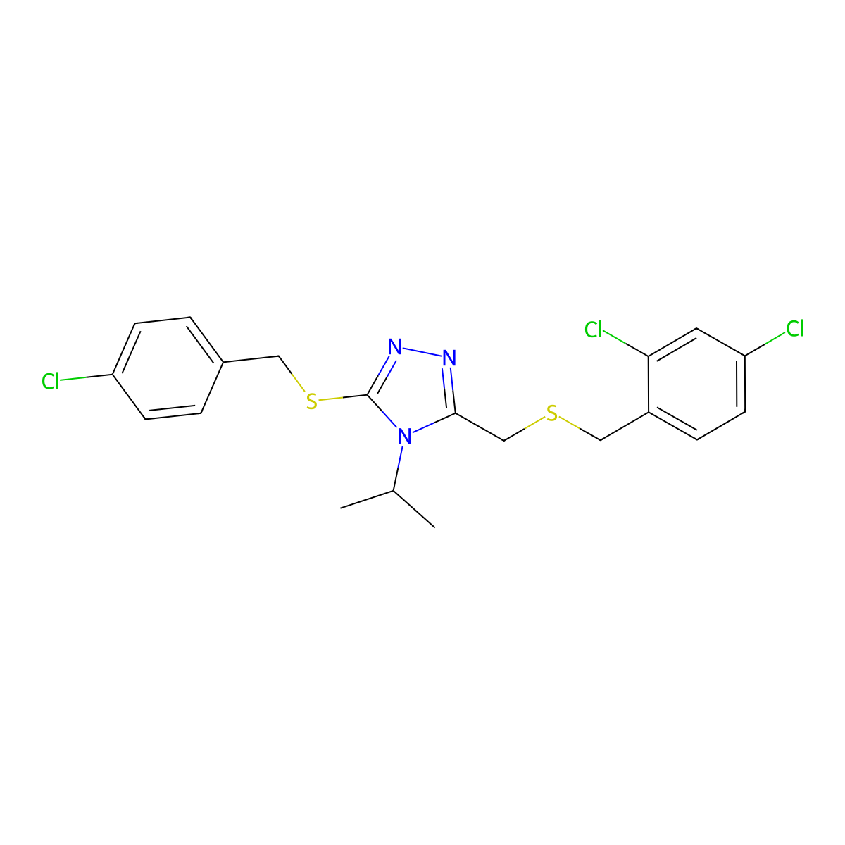 4-chlorobenzyl 5-{[(2,4-dichlorobenzyl)sulfanyl]methyl}-4-isopropyl-4H-1,2,4-triazol-3-yl sulfide molecular structure, CAS 344274-14-2