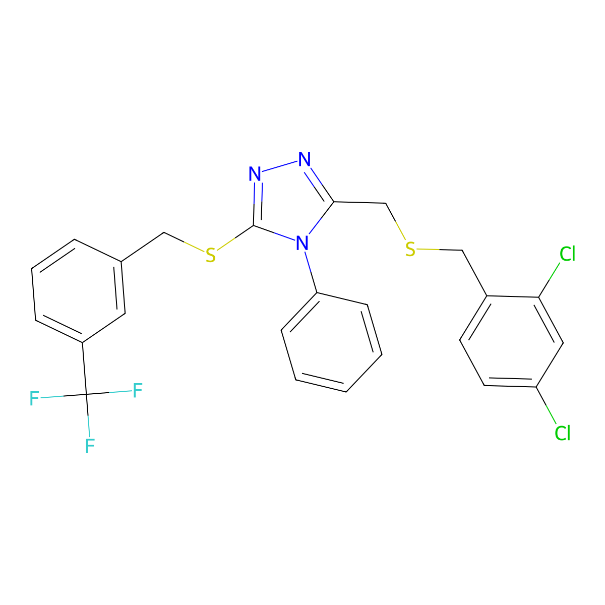 3-[(2,4-Dichlorophenyl)methylsulfanylmethyl]-4-phenyl-5-[[3-(trifluoromethyl)phenyl]methylsulfanyl]-1,2,4-triazole molecular structure, CAS 344274-48-2