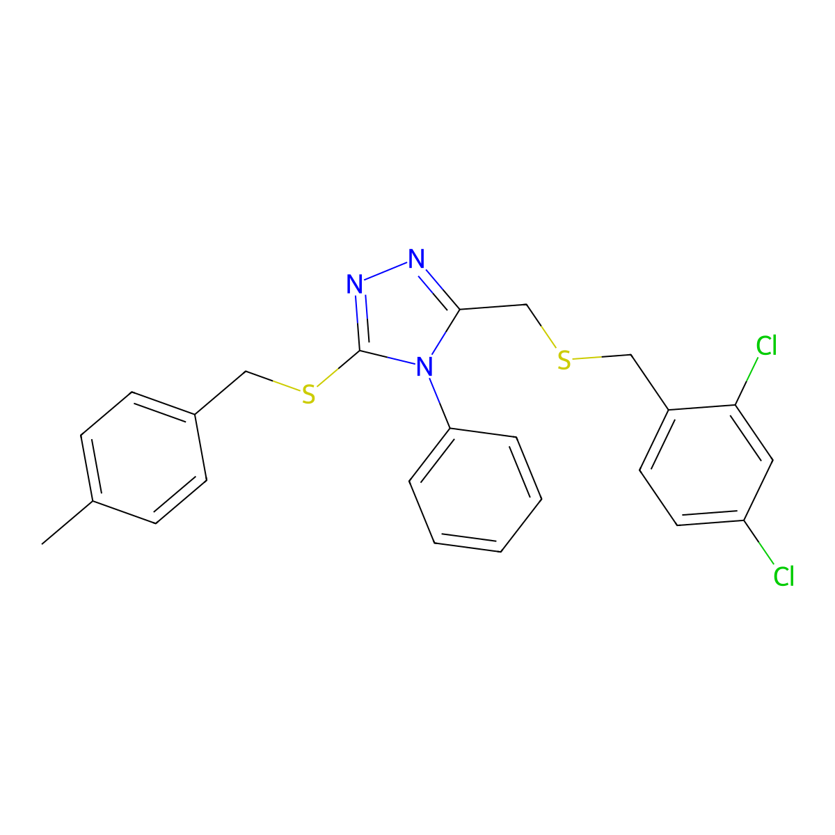 3-{[(2,4-dichlorobenzyl)sulfanyl]methyl}-5-[(4-methylbenzyl)sulfanyl]-4-phenyl-4H-1,2,4-triazole molecular structure, CAS 344274-60-8