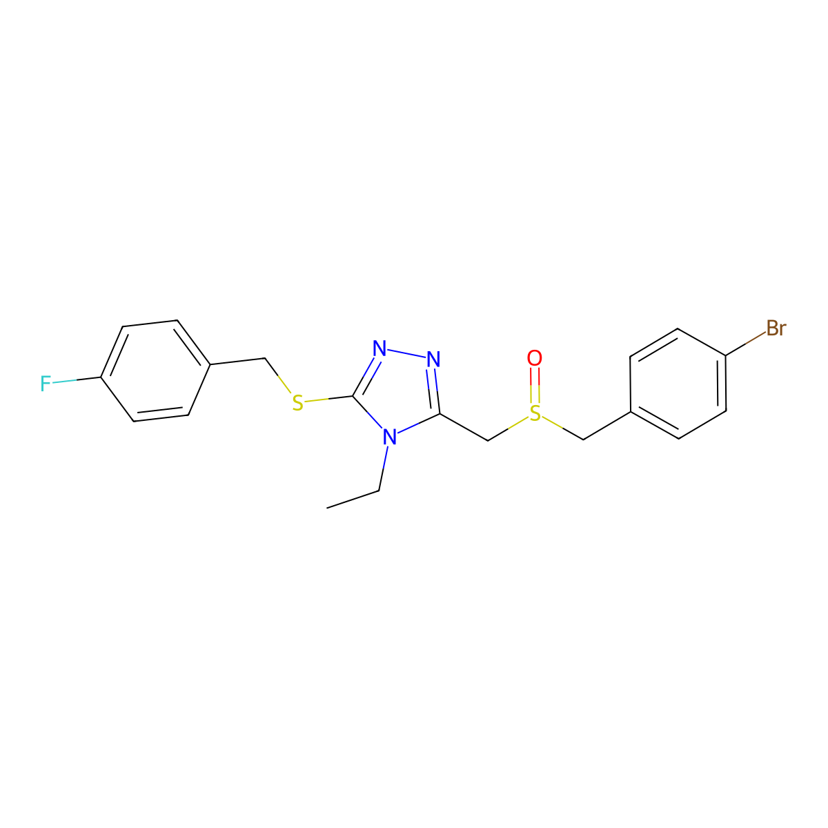 3-[(4-Bromophenyl)methylsulfinylmethyl]-4-ethyl-5-[(4-fluorophenyl)methylsulfanyl]-1,2,4-triazole molecular structure, CAS 344275-25-8